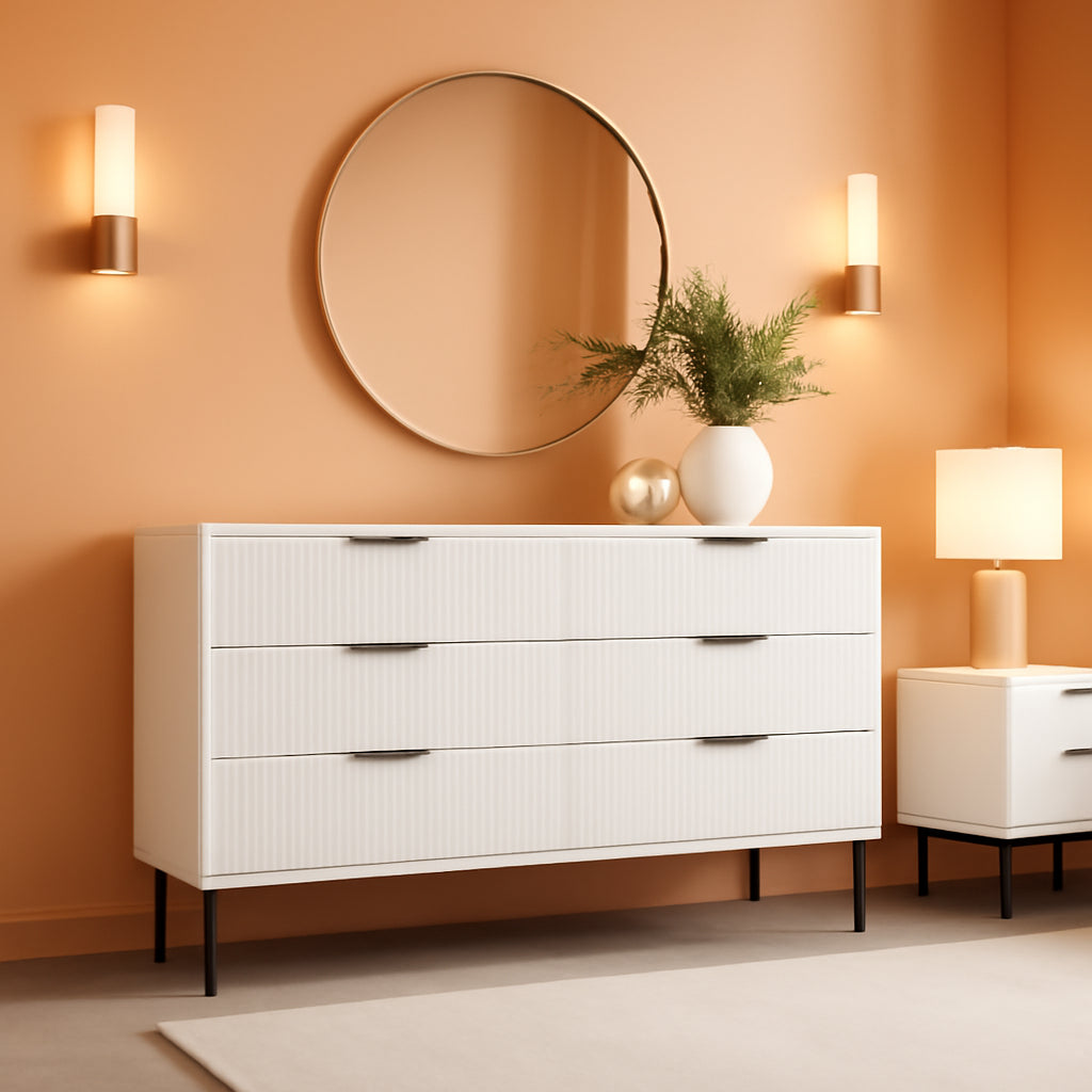 White Fluted Contemporary Dresser With Stainless Legs