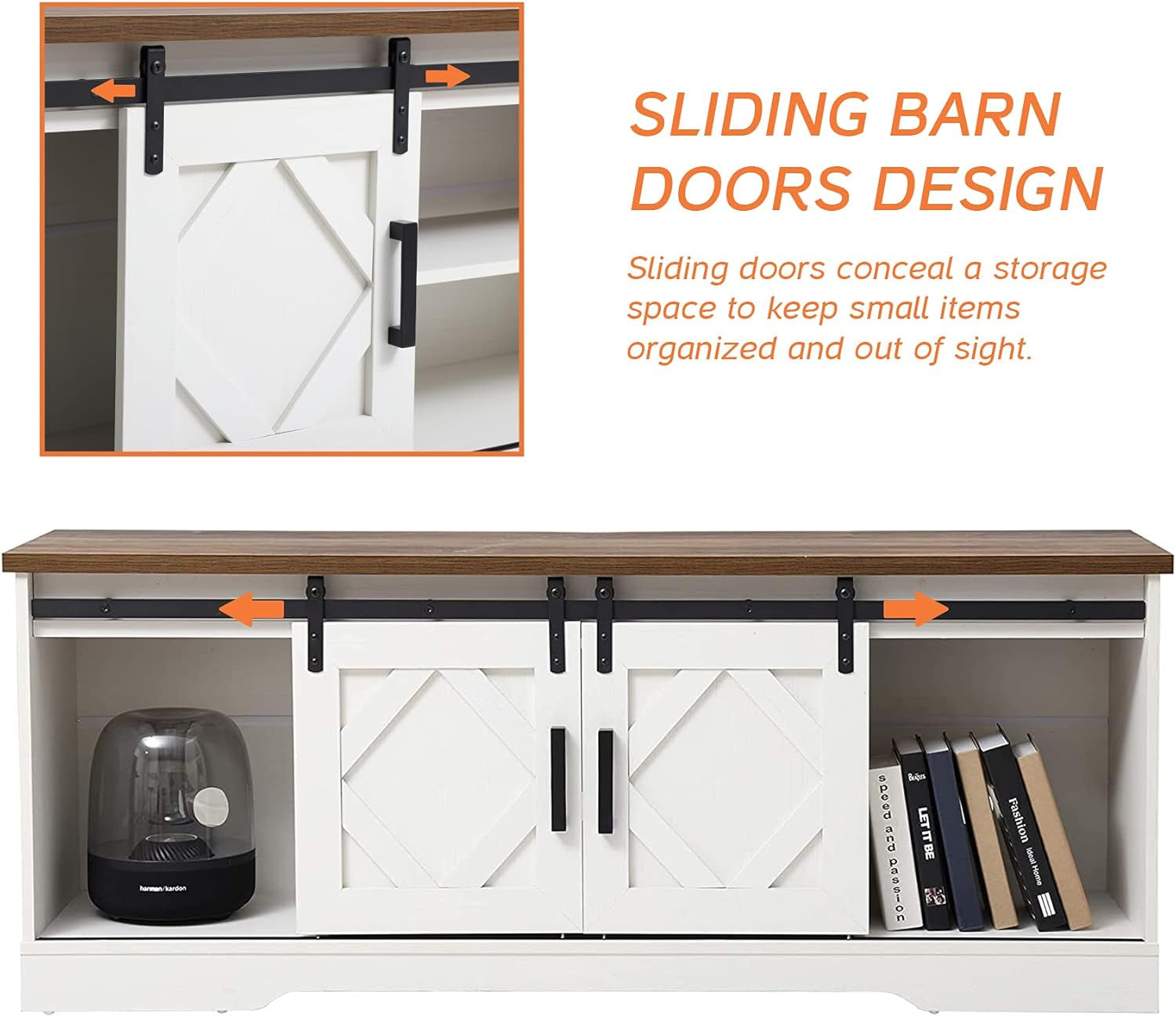 Farmhouse Sliding Barn Door TV Stand 65 Inch TVs White Oak