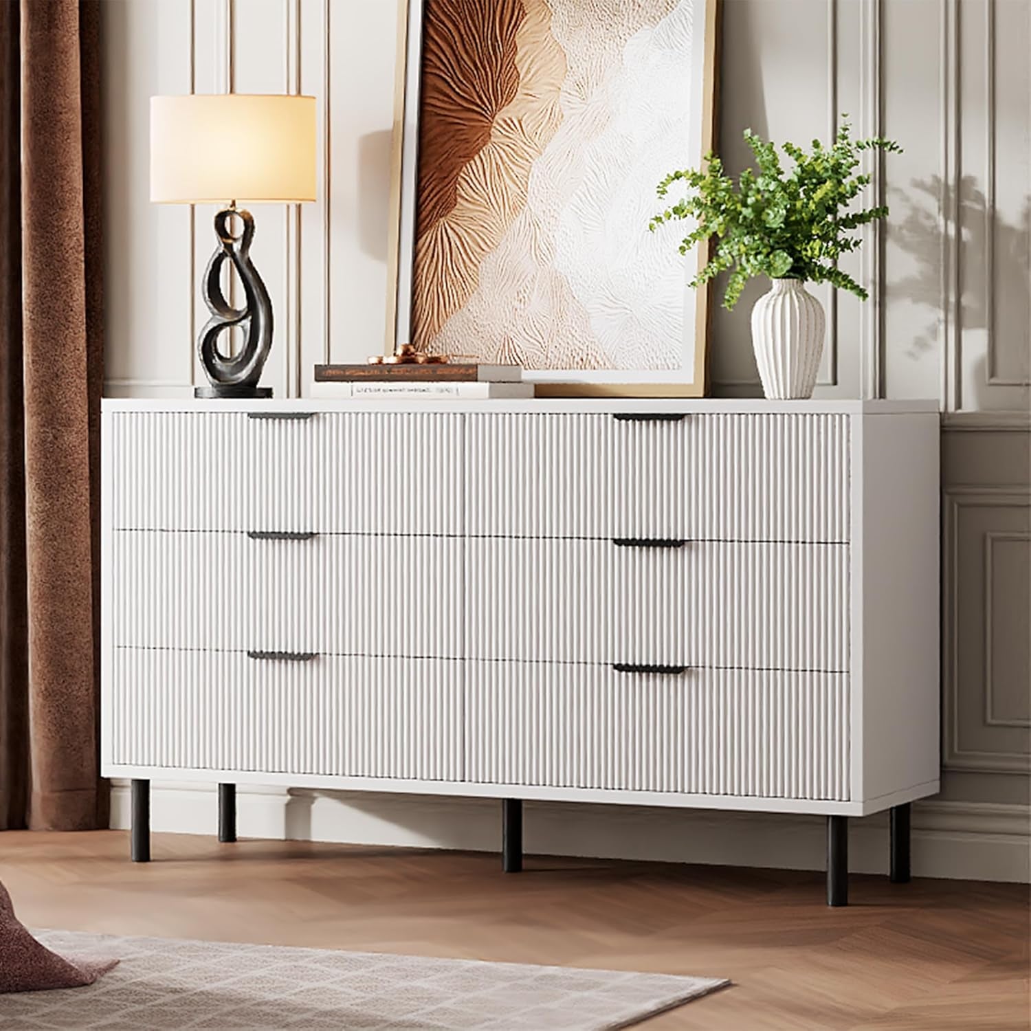 White Fluted Contemporary Dresser With Stainless Legs