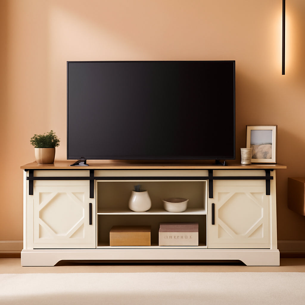 Farmhouse Sliding Barn Door TV Stand 65 Inch TVs White Oak